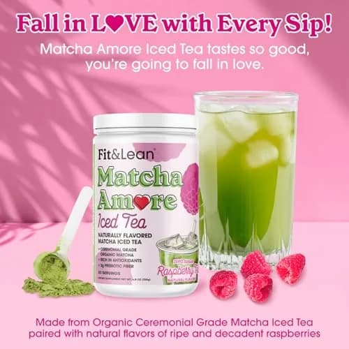 Fit & Lean Matcha Amore Iced Tea, Raspberry Flavor, 30 Servings | Organic, Vegan, Gluten-Free, Supports Gut & Focus thumbnail 2