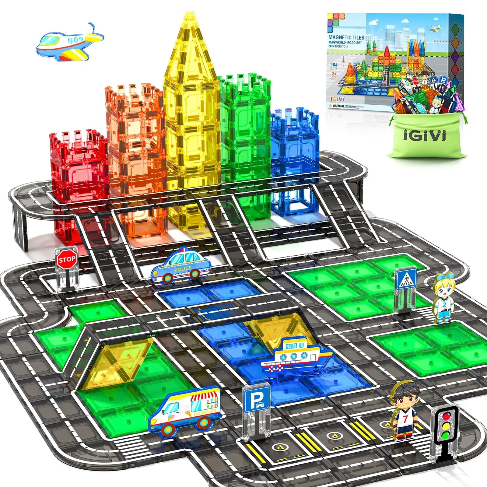 IGIVI 104 PCS Magnetic Tiles Road Set | STEM Magnetic Building Toys for 3+ Year Old Boys & Girls - main product image