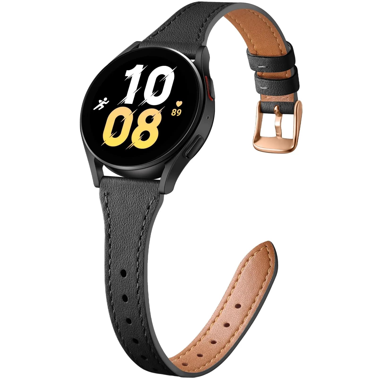 GEAK Slim Leather Band Compatible with Samsung Galaxy Watch 9 8 40mm 44mm/Watch 8 Classic 46mm Beige with Silver Buckle | Genuine Leather Replacement Dressy Strap for Women — Black