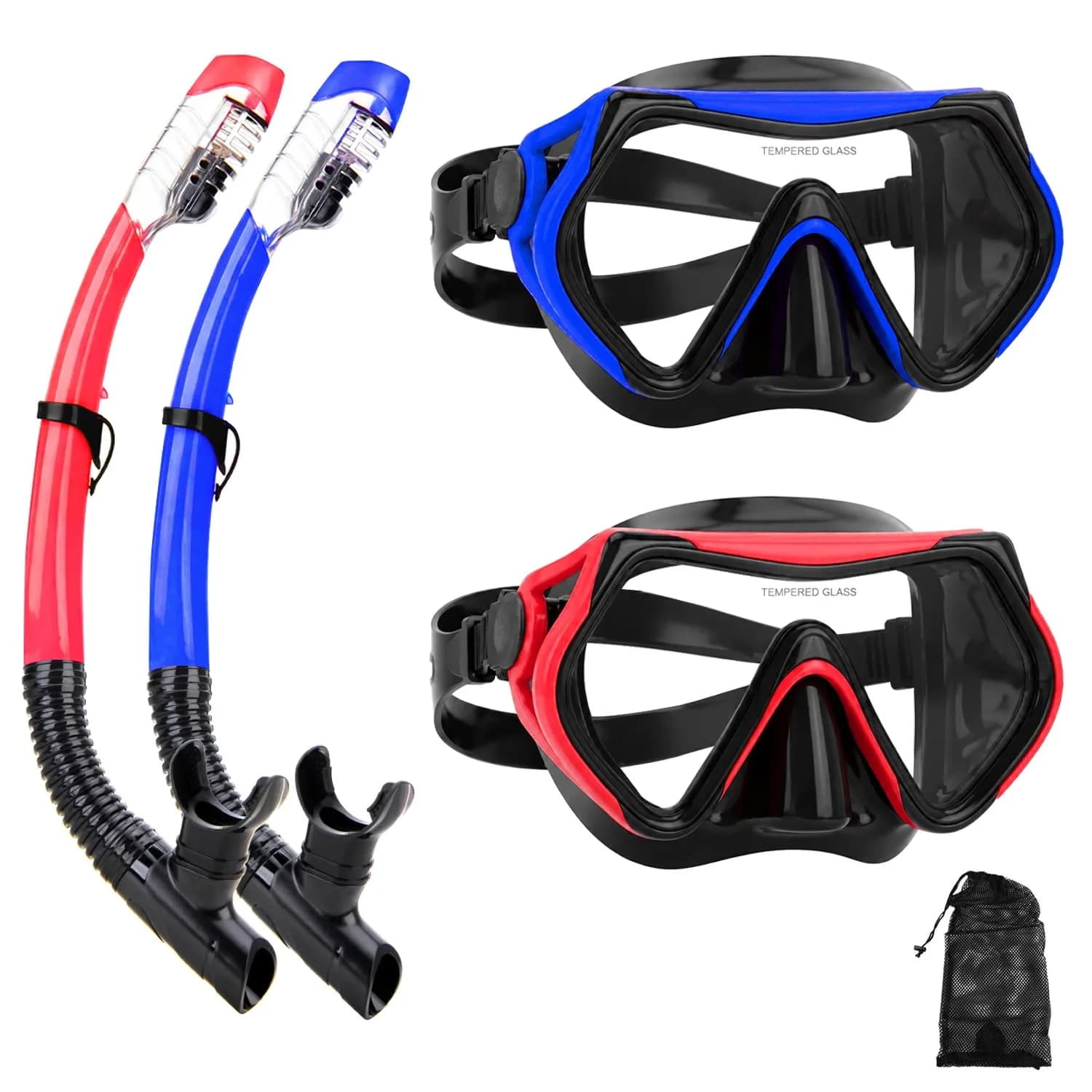 DIPUKI Snorkeling Gear for Adults | Dry Snorkel Mask Set, Wide View, Anti-Fog, 2 Pack (1.02kg) — Blue + red（）