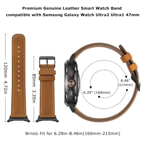 Tasikar Leather Band Compatible with Samsung Galaxy Watch Ultra 2/1 47mm | Classic Brown Genuine Leather Strap thumbnail 5