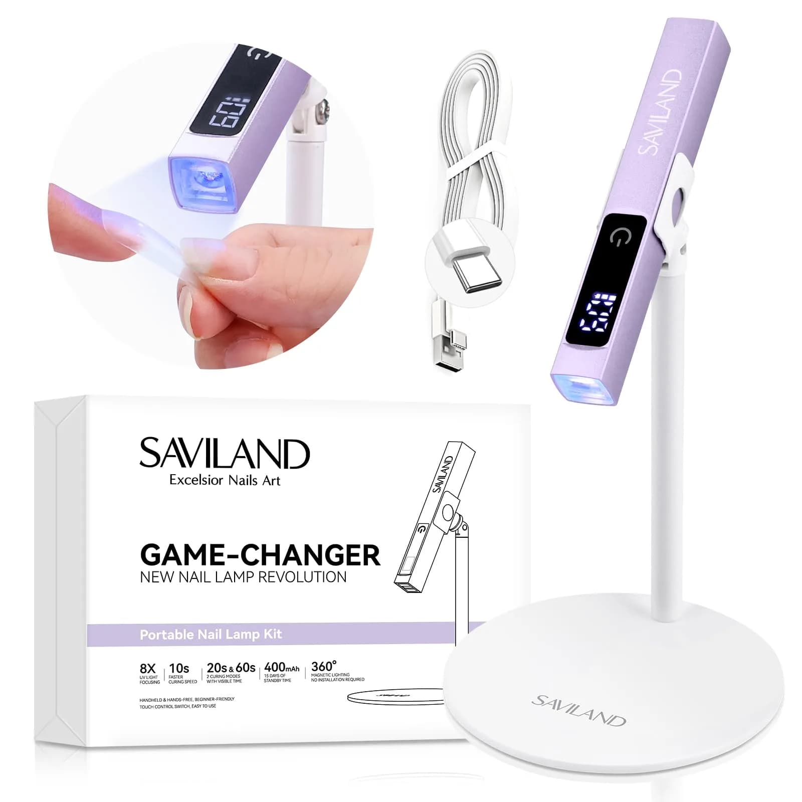 SAVILAND Flash Cure Nail Lamp U V Light for Gel Nails with Magnetic Stand 156 g (0.132 kg) | 8S Fast Cure — Purple