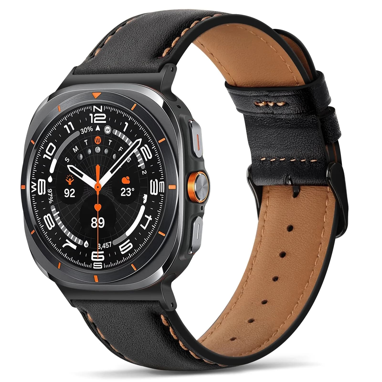 Tasikar Leather Band Compatible with Samsung Galaxy Watch Ultra 2/1 47mm | Classic Brown Genuine Leather Strap — Black