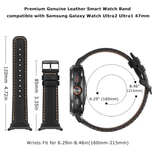 Tasikar Black Leather Watch Band for Samsung Galaxy Watch Ultra 2/1 47mm | Genuine Leather Strap with Stainless Steel Clasp thumbnail 5