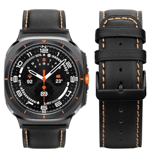 Tasikar Black Leather Watch Band for Samsung Galaxy Watch Ultra 2/1 47mm | Genuine Leather Strap with Stainless Steel Clasp thumbnail 2