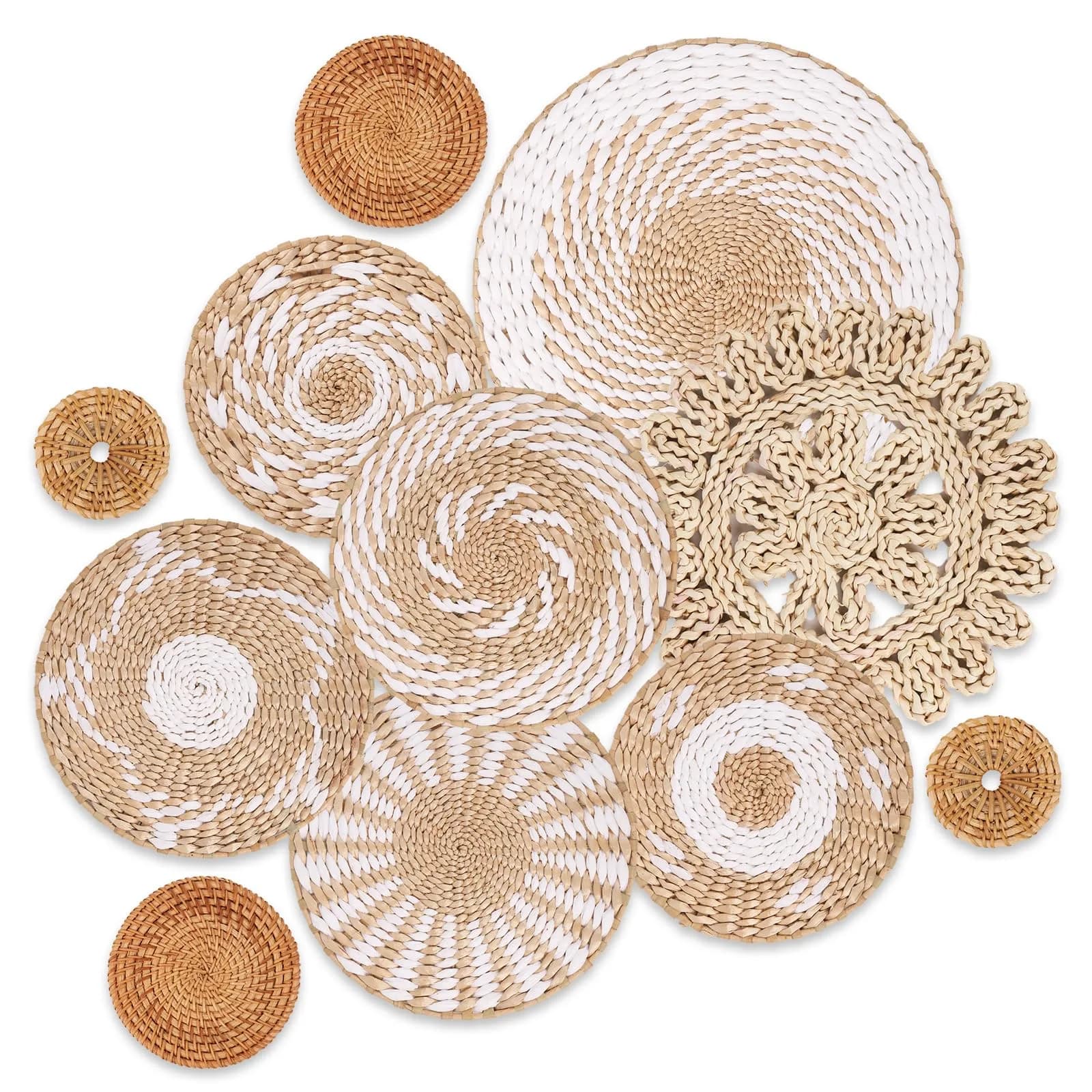 LOCS MICRAI Boho Wall Basket Decor Set of 8 | Handcrafted Rattan & Wicker Wall Art for Home & Kitchen — White Retro