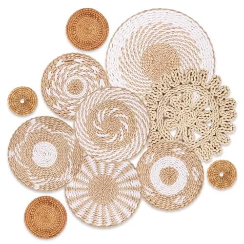 LOCS MICRAI Boho Wall Basket Decor Set of 11 - Natural Bulrush & Rattan, White Retro Style | Handwoven Wall Art for Farmhouse & Home thumbnail 1