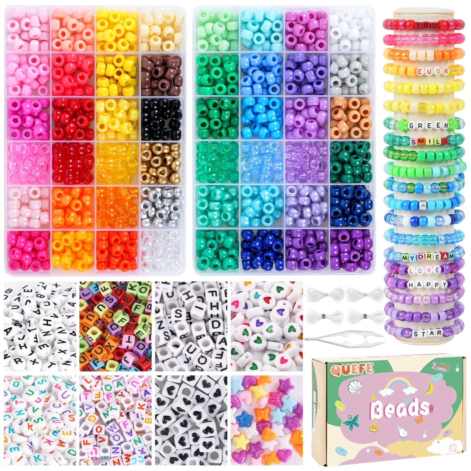 QUEFE 1900pcs 48 Colors Pony Beads Bracelet Making Kit | Rainbow Kandi Beads Friendship Bracelet Kit with Letter Beads & Elastic Strings (1900 Beads)