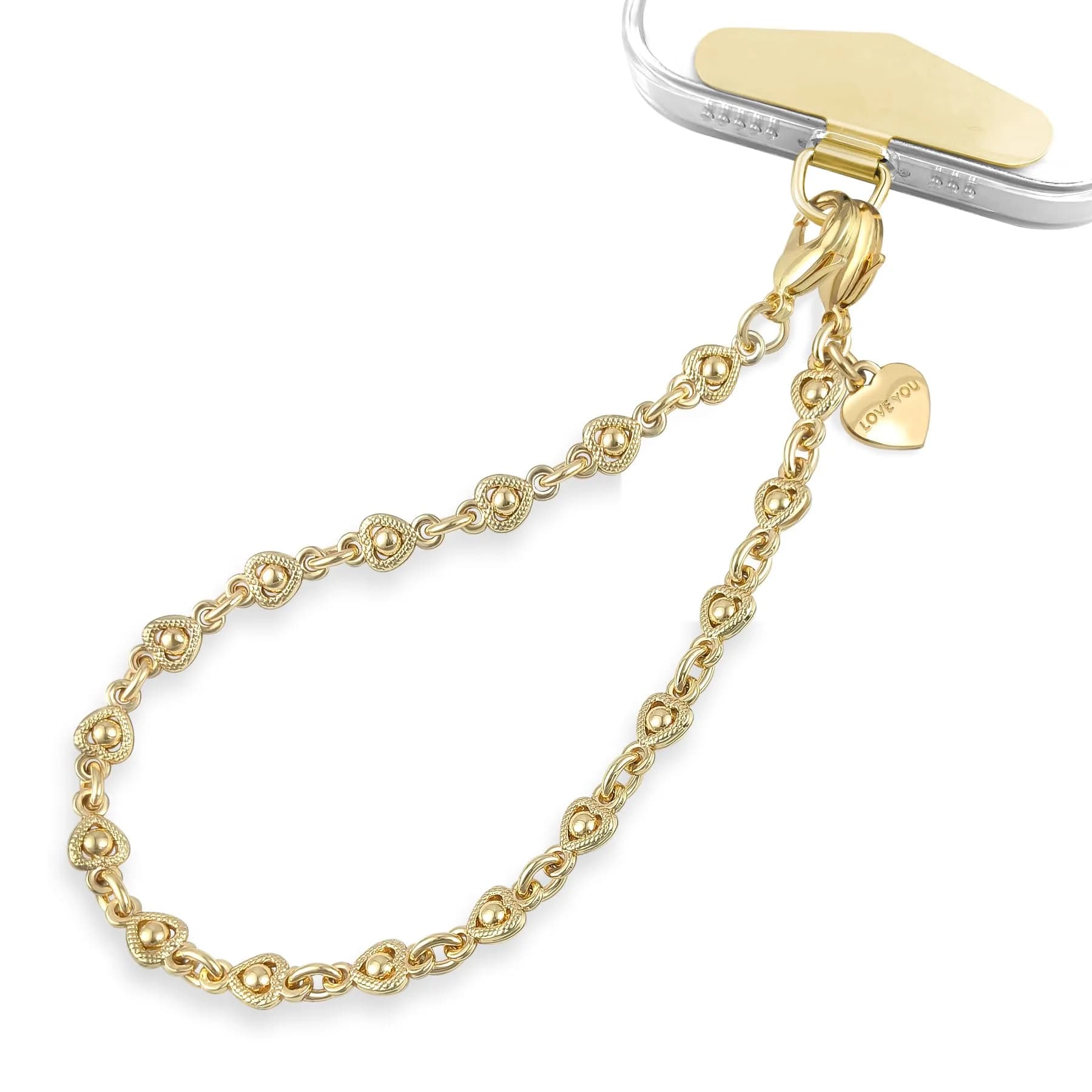 MOUTAKEY Heart Phone Charm Strap with Metal Tether Tab - Pale Gold | Detachable iPhone Chain Wrist Strap for All Phones — Pale Gold
