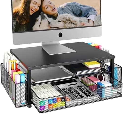 OPNICE 2-Tier Monitor Stand Riser with Drawer & Pen Holders, Black | 20.5 inch (52 cm) Ergonomic Carbon Steel Stand thumbnail 1