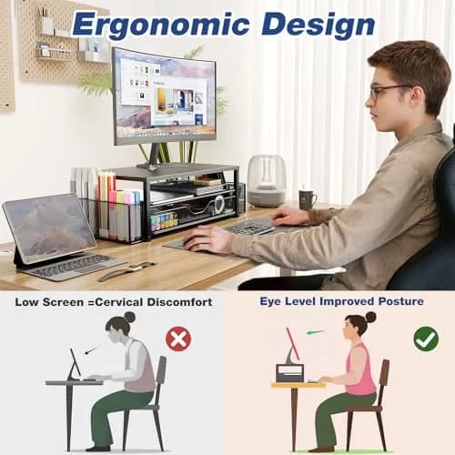 OPNICE 2-Tier Monitor Stand Riser with Drawer & Pen Holders, Black | 20.5 inch (52 cm) Ergonomic Carbon Steel Stand thumbnail 2