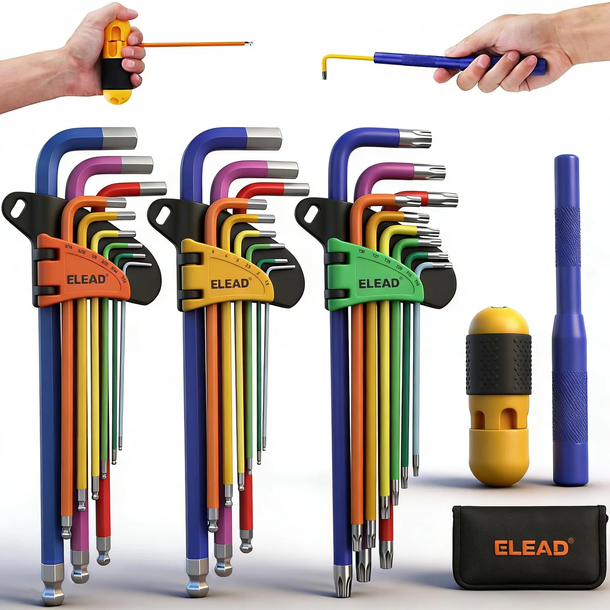 ELEAD 29-Piece Hex & Torx Key Set | Rainbow Colored Allen Wrench Set with T-Handle & Extension Bar (Metric 1.5-10mm, SAE 1/16"-3/8", Torx T10-T50)