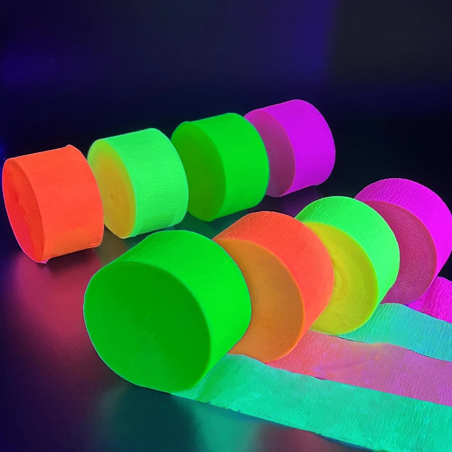MFLUEEWR 420feet Blacklight Party Streamer Decorations 4 Rolls | Glow Crepe Paper for Neon Parties — 1320feet