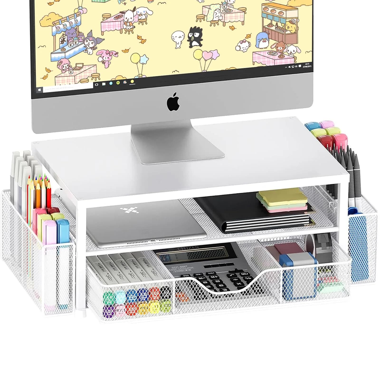 OPNICE 2-Tier Monitor Stand Riser with Drawer & Pen Holders, Black | 20.5 inch (52 cm) Ergonomic Carbon Steel Stand — White / Single