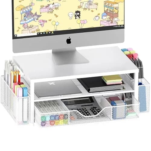 OPNICE 2-Tier Monitor Stand Riser with Drawer and Pen Holders, White 1-Pack | Ergonomic Computer Workstation for Office & Home thumbnail 1