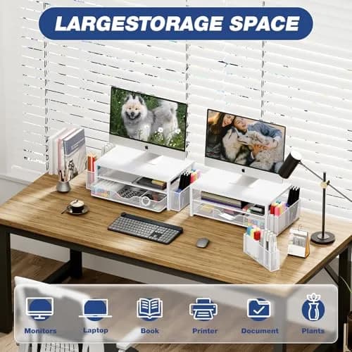 OPNICE 2-Tier Monitor Stand Riser with Drawer and Pen Holders, White 1-Pack | Ergonomic Computer Workstation for Office & Home thumbnail 4