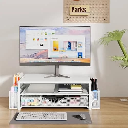 OPNICE 2-Tier Monitor Stand Riser with Drawer and Pen Holders, White 1-Pack | Ergonomic Computer Workstation for Office & Home thumbnail 2
