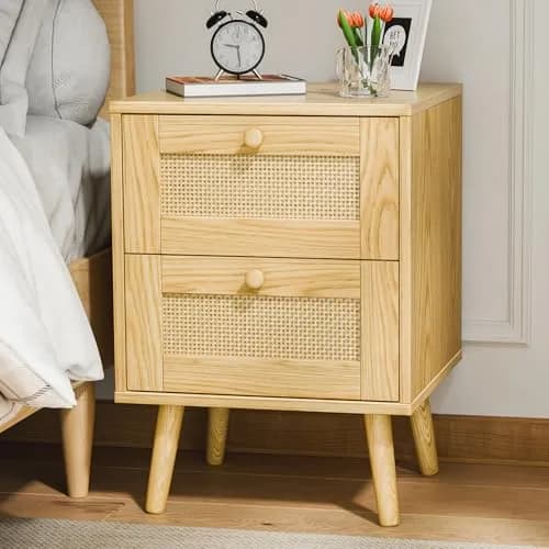 infurnic Rattan Nightstand with 2 Handmade Drawers | Natural Wood Bedroom Side Table thumbnail 1