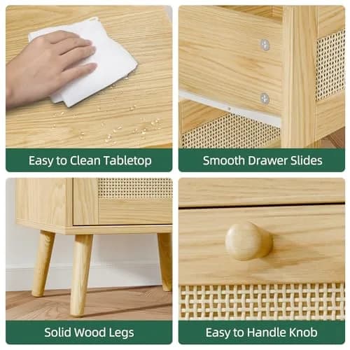 infurnic Rattan Nightstand with 2 Handmade Drawers | Natural Wood Bedroom Side Table thumbnail 4