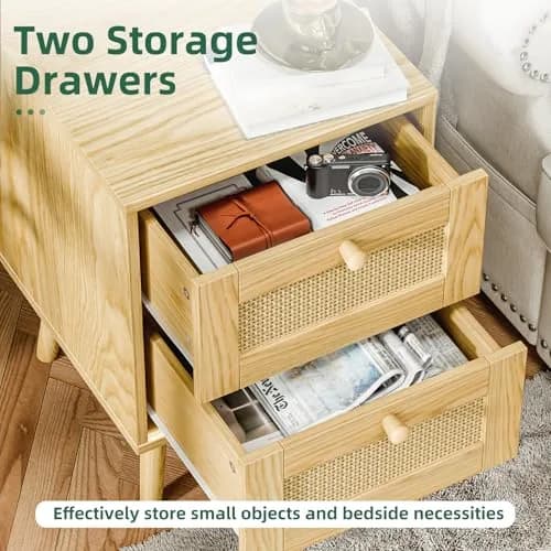 infurnic Rattan Nightstand with 2 Handmade Drawers | Natural Wood Bedroom Side Table thumbnail 5