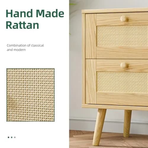 infurnic Rattan Nightstand with 2 Handmade Drawers | Natural Wood Bedroom Side Table thumbnail 6