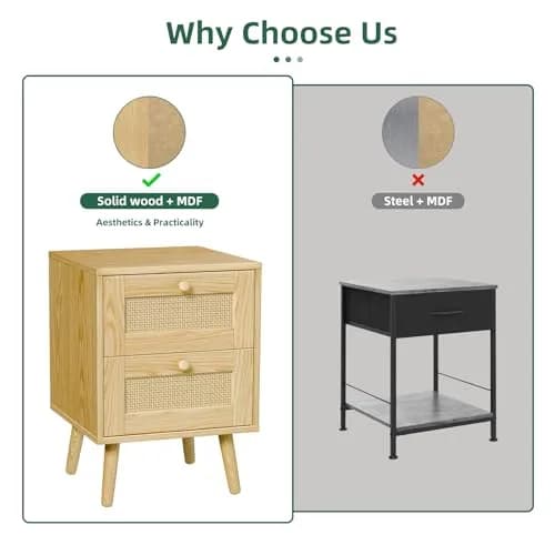 infurnic Rattan Nightstand with 2 Handmade Drawers | Natural Wood Bedroom Side Table thumbnail 7
