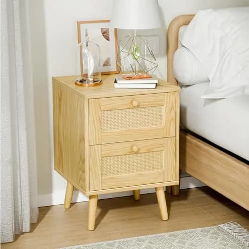 infurnic Rattan Nightstand with 2 Handmade Drawers | Natural Wood Bedroom Side Table thumbnail 2