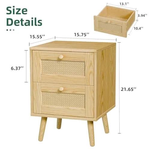 infurnic Rattan Nightstand with 2 Handmade Drawers | Natural Wood Bedroom Side Table thumbnail 3