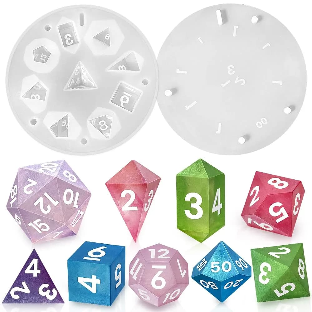 ResinWorld Upgraded 9-Piece Polyhedral Dice Mold with Pendant Crystal D4 | New Font, Easy Paint Fill - main product image
