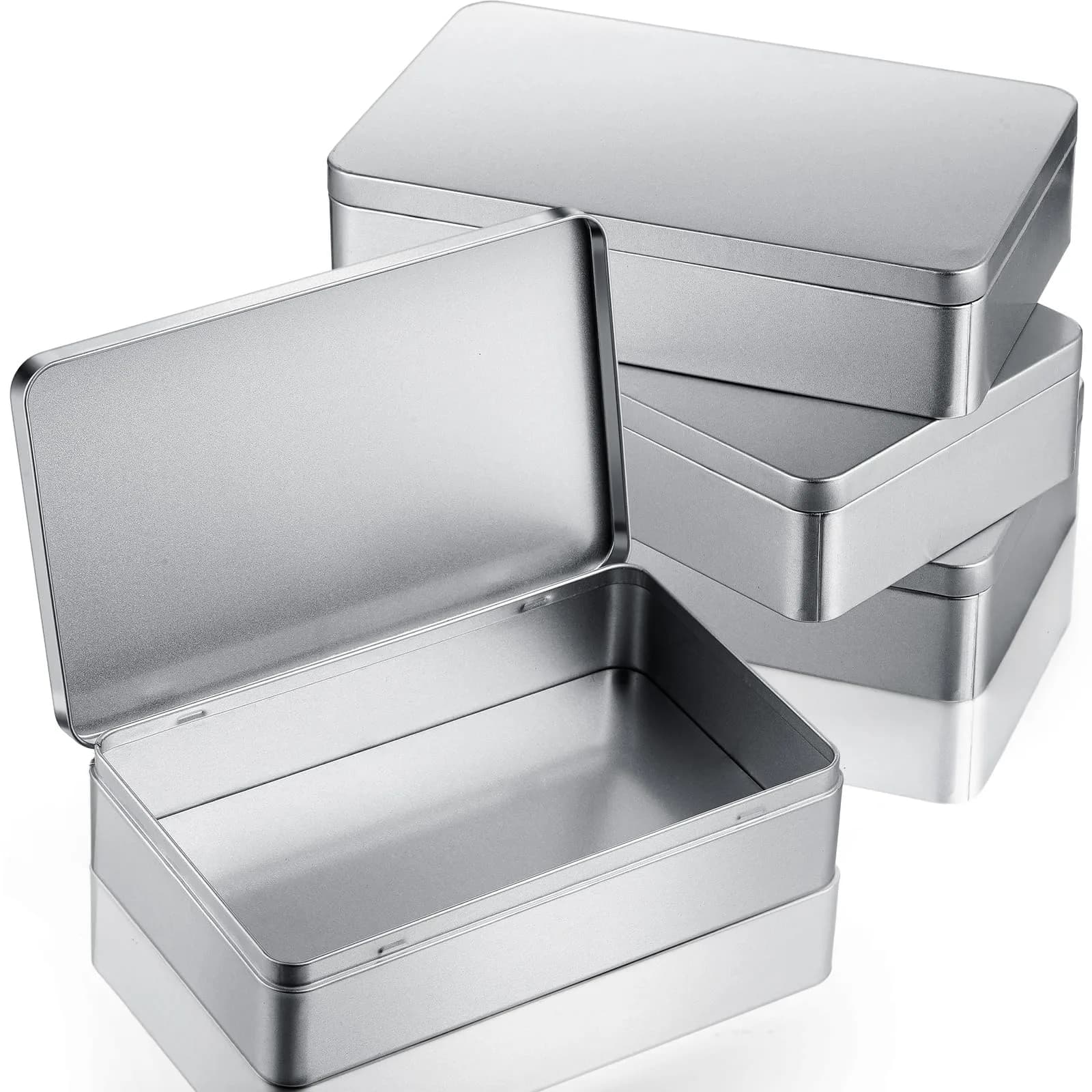 Hotop Metal Tins with Lid Storage Box 21.5cm x 13.5cm x 4.8cm (8.5 x 5.3 x 1.9 Inch) | Pack of 4 Silver Rectangular Containers - main product image