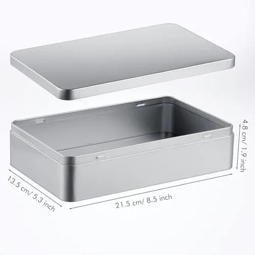 Hotop Silver Metal Tins with Lid Storage Box 21.5cm (8.5") x 13.5cm (5.3") x 4.8cm (1.9") | Pack of 2 Classic Rectangular Containers thumbnail 2