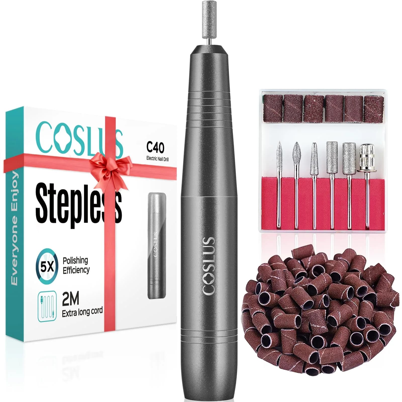 COSLUS C40 Electric Nail Drill Professional with Dial Speed Control & 6 Bits | Grey, Metal, Corded Electric