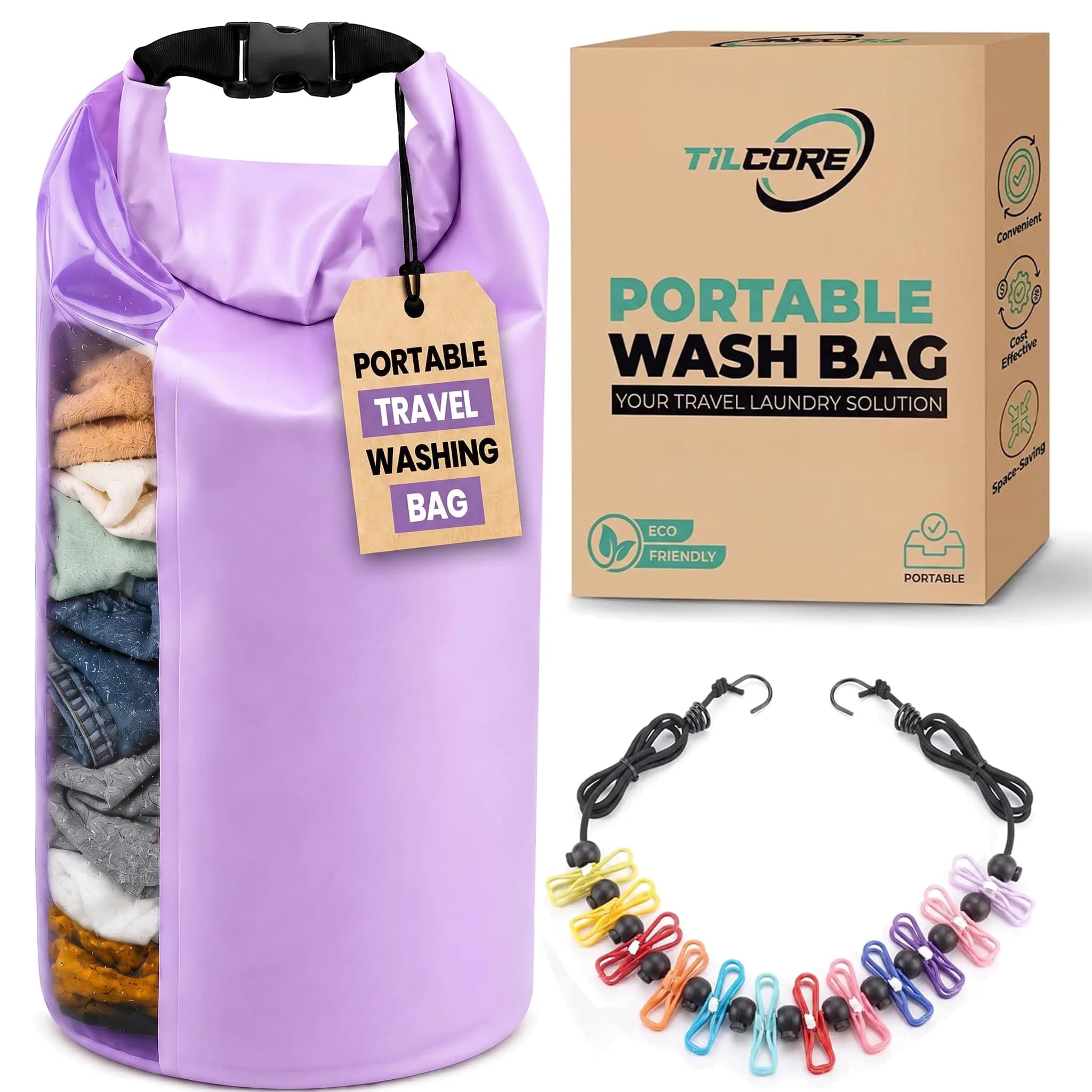 Tilcore Portable Wash Bag with Retractable Clothesline - 3L (101 Fl Oz) Lavander | Non-Electric Manual Washer for Travel & Camping - main product image