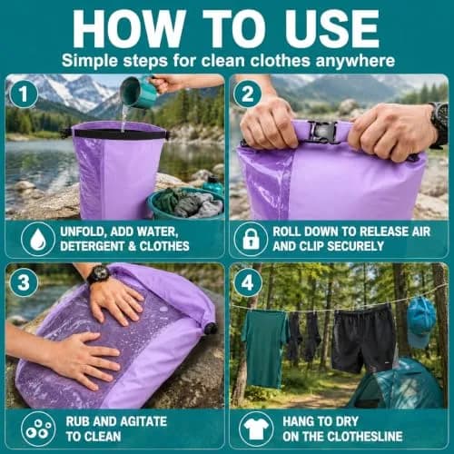 Tilcore Portable Wash Bag with Retractable Clothesline - 3L (101 Fl Oz) Lavander | Non-Electric Manual Washer for Travel & Camping thumbnail 4