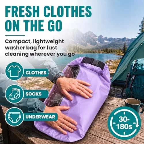 Tilcore Portable Wash Bag with Retractable Clothesline - 3L (101 Fl Oz) Lavander | Non-Electric Manual Washer for Travel & Camping thumbnail 2