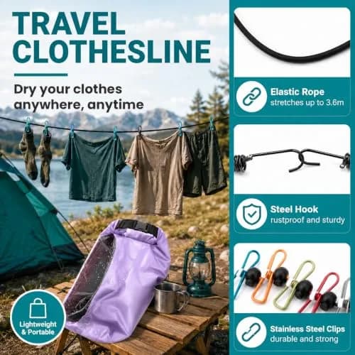 Tilcore Portable Wash Bag with Retractable Clothesline - 3L (101 Fl Oz) Lavander | Non-Electric Manual Washer for Travel & Camping thumbnail 3