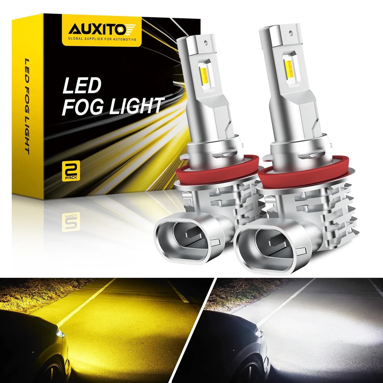 AUXITO H11/H8/H16 LED Fog Light Bulbs 3000K Golden Yellow (2-Pack, 6000LM) | CSP LED Chips, Fanless Design — White & Yellow
