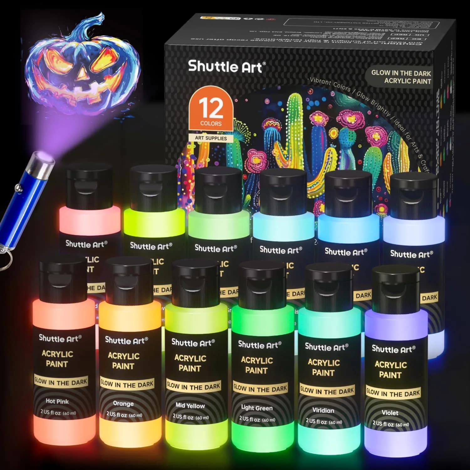 Shuttle Art Glow in the Dark Acrylic Paint Set 12 Colors 60ml (2oz) Bottles | Non-Toxic, Fast Charging, Waterproof — 12 Colors
