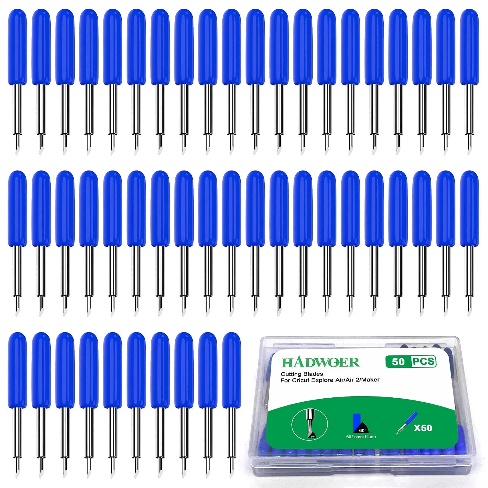 Hadwoer 50PCS Replacement Cutting Blades for Cricut Explore Air/Maker Series 30/45/60 Degree | 50-Piece Pack — Blue-50pcs 60 Degree Deep Cut Blades