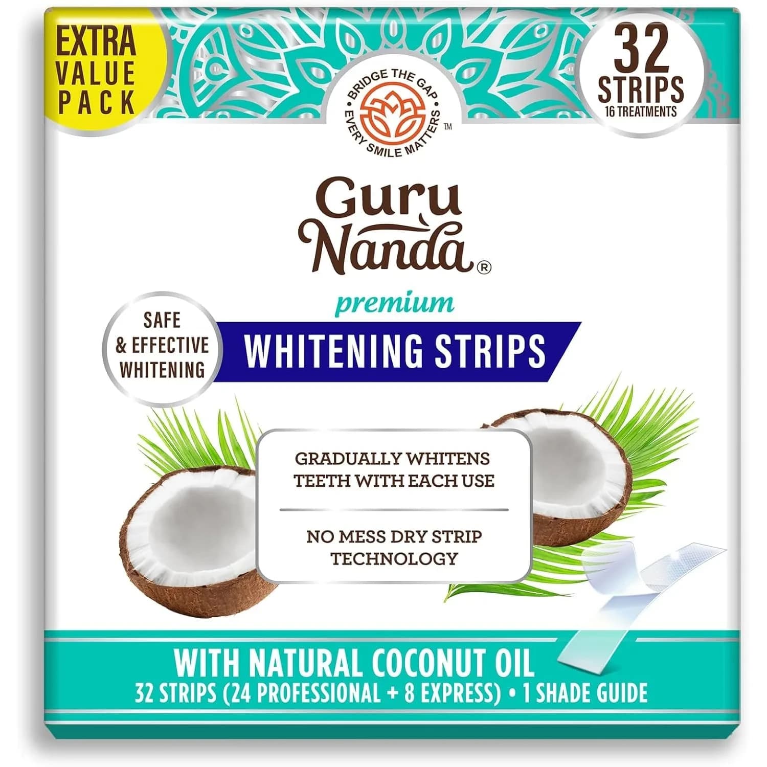 GuruNanda Teeth Whitening Strips Kit 32 Count (Pack of 1) | Hydrogen Peroxide & Coconut Oil for Brighter Smile