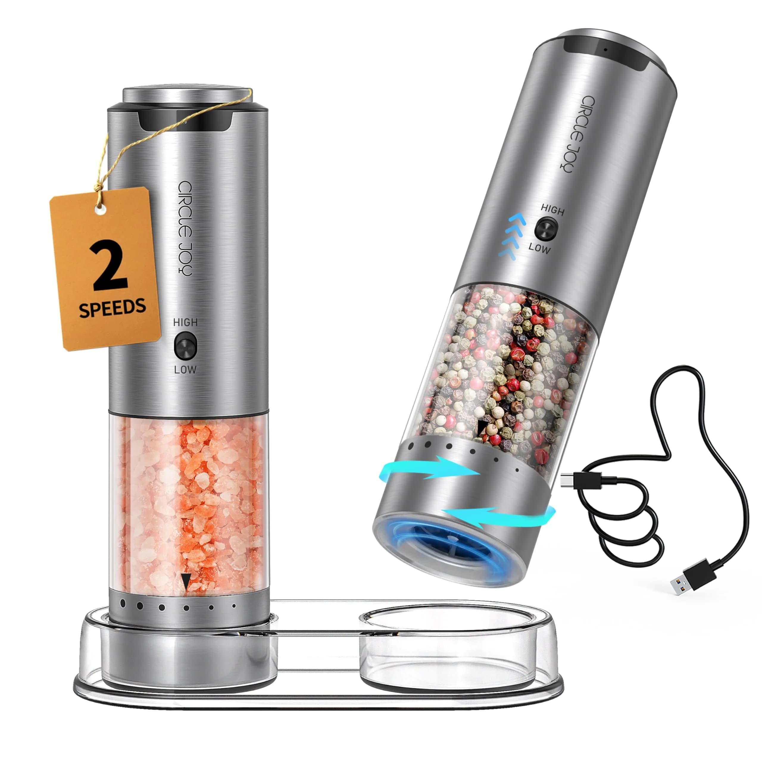 CIRCLE JOY Electric Salt and Pepper Grinder Set with Storage Base, 2-Speed Rechargeable, Adjustable Coarseness, Stainless Steel, White LED Light