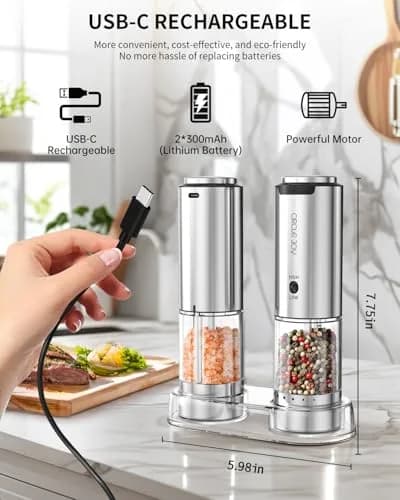 CIRCLE JOY Electric Salt and Pepper Grinder Set with Storage Base, 2-Speed Rechargeable, Adjustable Coarseness, Stainless Steel, White LED Light thumbnail 4