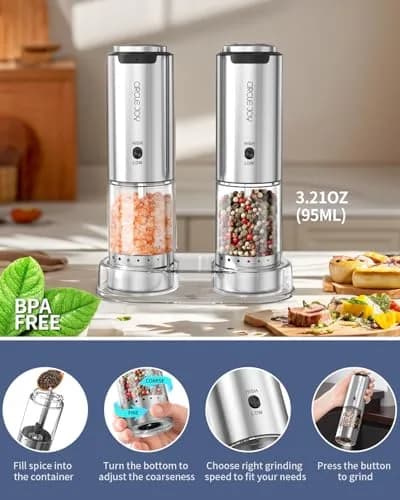CIRCLE JOY Electric Salt and Pepper Grinder Set with Storage Base, 2-Speed Rechargeable, Adjustable Coarseness, Stainless Steel, White LED Light thumbnail 6