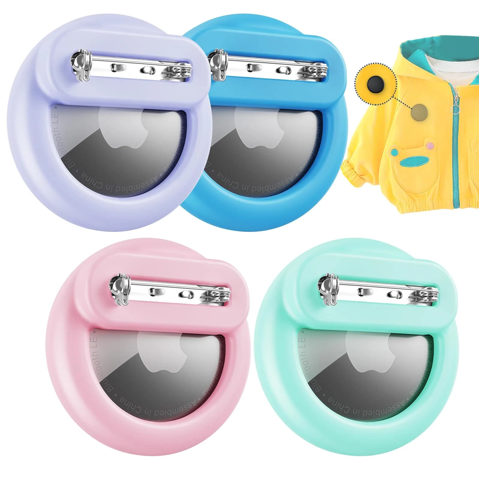 PerfiPro AirTag Holder for Kids 2 Pack Hidden Safety Pin Case Lightweight Anti-Lost — Pink+Purple+Green+SkyBlue