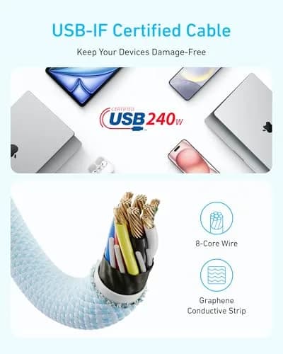 Anker Zolo USB-C to USB-C Cable 6 ft (1.83 m) | 240W PD 3.1 Fast Charging, 480 Mbps Data, Pink Braided thumbnail 5