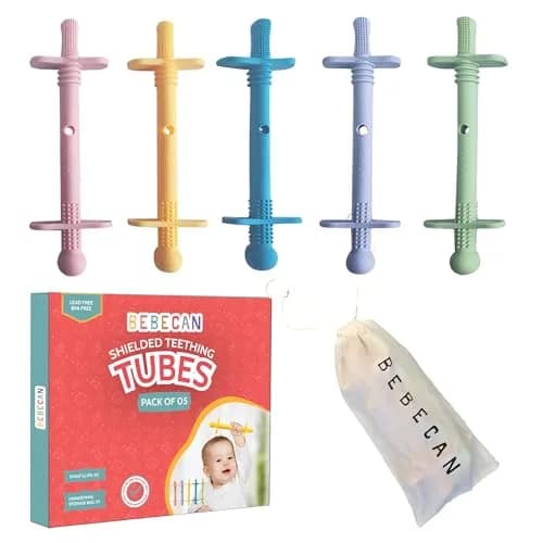 Bebecan Shielded Teething Tubes with Safety Shield, 5 Soft Tubes + 2 Clips + 2 Brushes + Bag | BPA-Free Silicone for 0-36 Months thumbnail 1
