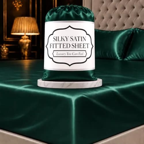 DECOLURE Satin Fitted Sheet Full Size Dark Green | Silky Smooth Luxury with 15-Inch Deep Pockets thumbnail 1