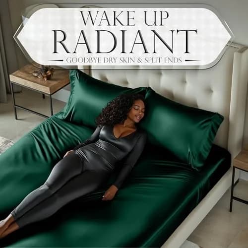 DECOLURE Satin Fitted Sheet Full Size Dark Green | Silky Smooth Luxury with 15-Inch Deep Pockets thumbnail 5