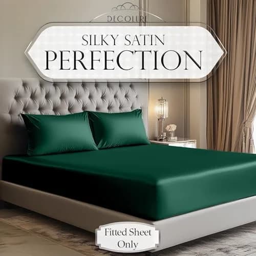 DECOLURE Satin Fitted Sheet Full Size Dark Green | Silky Smooth Luxury with 15-Inch Deep Pockets thumbnail 2