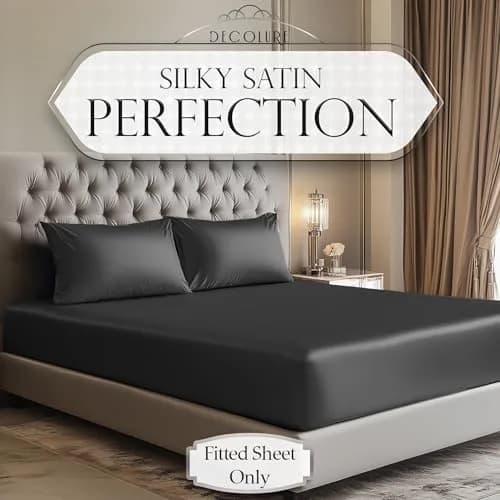 DECOLURE Satin Fitted Sheet King Size 78" L x 80" W x 15" D | Luxury Silky Smooth Fabric | Stone Grey thumbnail 2